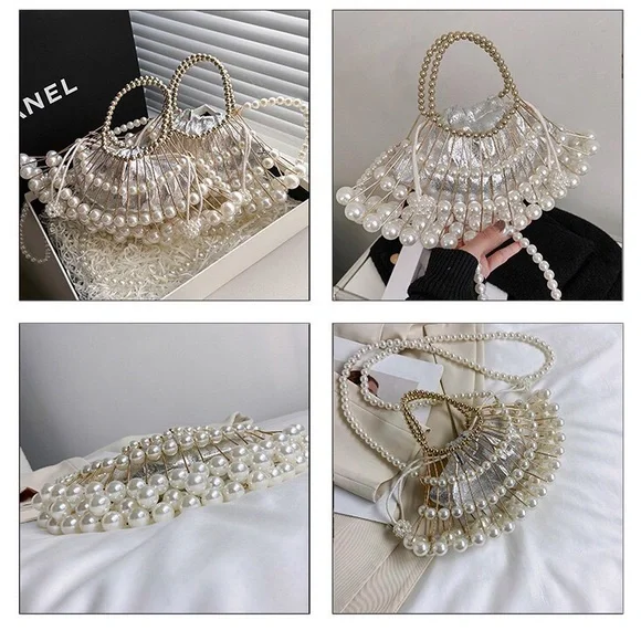 women's pearl chain oblique hollow handbag - Picture 8 of 16